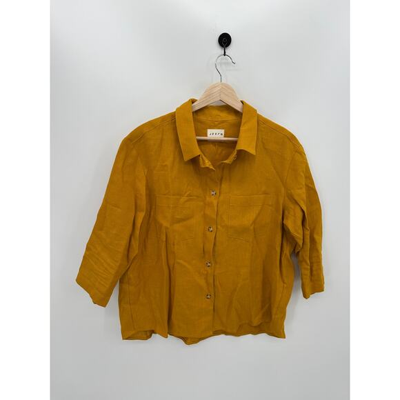 Offon Classic cut linen pocket Button Front Shirt L/XL Boxy Collar 3/4 Sleeve - Picture 1 of 9